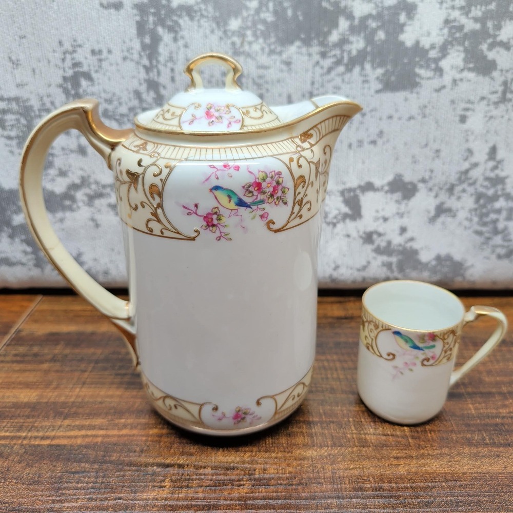Antique Noritake Nippon Hand Painted Bird Floral Chocolate Pot and Cup Set